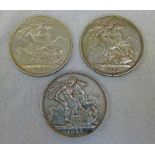 3 JUBILEE VICTORIA HEAD CROWNS, 1887, 1888,