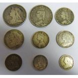 1893 &1894 CROWN, 1895 & 1891 HALF CROWN, 1949 & 1899 FLORIN,