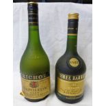 1 BOTTLE RICHOT NAPOLEON V.S.O.P. BRANDY 40% VOL 68 CL AND 1 BOTTLE THREE BARRELS V.S.O.P.