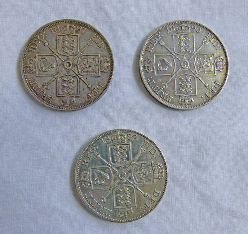 THREE BRITISH QUEEN VICTORIA DOUBLE FLORIN COINS (1887, 1889,