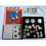 VARIOUS BRITISH AND FOREIGN COINS INCLUDING 1985 MINT COIN SET AND 1ST DECIMAL COINS, CROWNS ETC.