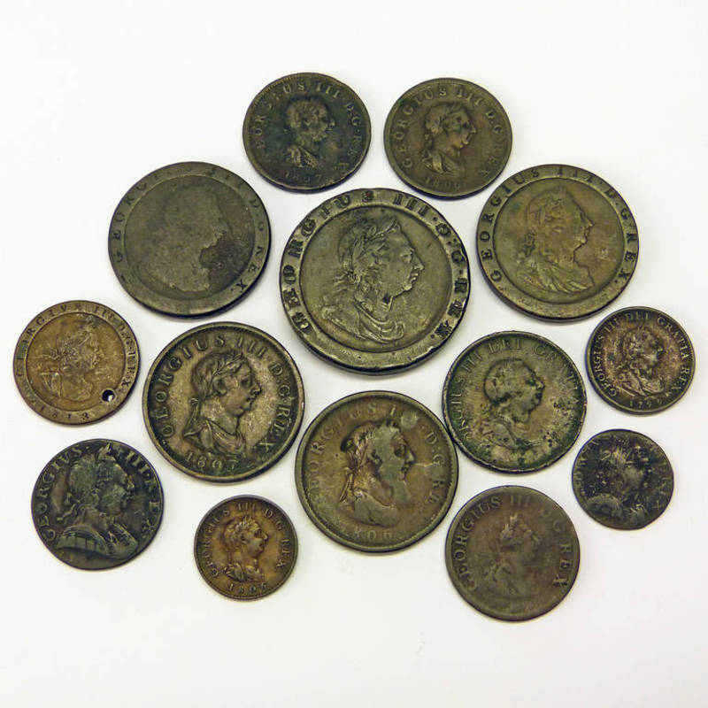SELECTION OF GEORGE III COINS, INCLUDING CARTWHEEL PENNIES, FARTHINGS,