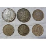 TWO VICTORIA SILVER CROWNS (1889,1890) AND FOUR VICTORIA HALF CROWNS (1878,1877,1892,
