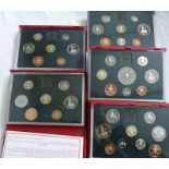 ROYAL MINT PROOF COIN SETS IN RED LEATHER CASE, 1987, 1990, 1991, 1992,