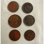 LOT CONTAINING VARIETY OF EARLY 19TH CENTURY CANADIAN/NOVA SCOTIA HALF PENNY AND PENNY TOKENS (6)