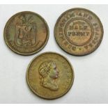 THREE 19TH CENTURY HALF PENNY & TOKENS INCLUDING 1811, DUNHAM AND YALLOP, GOLDSMITH, NORWICH,