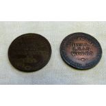 TWO ONE PENNY TOKENS FROM WORCESTER ONE WITH 'CIVITAS IN BELLO IN PACE FIDELIS' CITY ARMS,