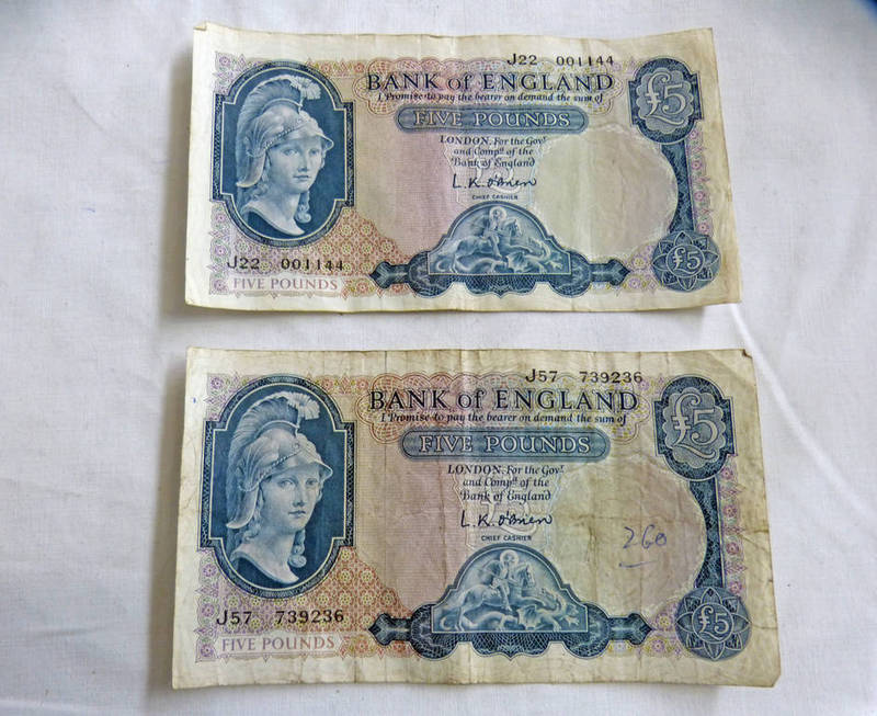 1961-62 BANK OF ENGLAND 5 POUND NOTES L.K.