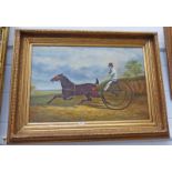 GILT FRAMED PAINTING OF AN 18TH CENTURY GENTLEMAN HARNESS RACER WITH HORSE & EARLY SULKY - 60 X