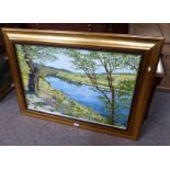 GILT FRAMED OIL PAINTING RIVER SCENE SIGNED HENRY - 49 X 74 CMS