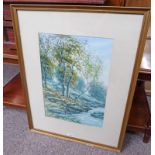 GILT FRAMED WATERCOLOUR RIVER SCENE PENCAITLAND SIGNED HAMILTON GLASS 47X32 CM