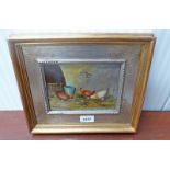 GILT FRAMED PAINTING OF HENS FEEDING SIGNED ROMANIA - 13 X 17 CMS