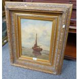 GILT FRAMED OIL PAINTING BOAT ON BEACH INDISTINCTLY SIGNED - 40 X 29 CMS