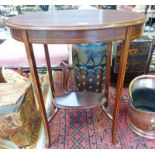 EARLY 20TH CENTURY MAHOGANY OVAL TOPPED TABLE WITH DECORATION INLAY ON SHAPED SUPPORTS