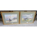 PAIR OF FRAMED WATERCOLOURS BOAT ON BEACH AND WOMAN & BABY BESIDE BOAT SIGNED W.