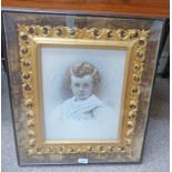 FRAMED PORTRAIT CHILD WITH CURLY HAIR IN GILT FRAME - 59 X 51 CM