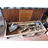 LARGE PINE CASE WITH SMALL SELECTION OF TOOLS INSIDE