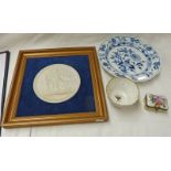 LIMOGES PORCELAIN LIDDED TRINKET BOX, MEISSEN BLUE ONION PLATE WITH CROSSED SWORDS MARK,