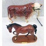 PORCELAIN FIGURE OF A HEREFORD BULL LENGTH 43CM TOGETHER WITH BESWICK PORCELAIN HORSE FIGURE