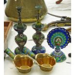 PAIR CLOISONNE HOLDERS, PAIR BRASS & CLOISONNE IRONS & CLOISONNE PEACOCK.