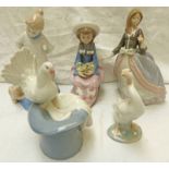 THREE LLADRO FIGURES, SEATED GIRL WITH FLOWERS, GIRL WITH PARASOL,