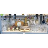 SELECTION OF VARIOUS GLASSWARE, SMITHS MANTLE CLOCK, TABLE BELLS, OIL LAMP,