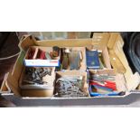 BOX OF METAL WORKING TOOLS INCLUDING VERNIERS, WEIGHTS,