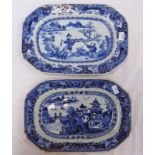 A PAIR OF CHINESE BLUE & WHITE WILLOW PATTERN PORCELAIN PLATES 17 X 26CM Condition