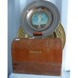 PORTABLE SINGER SEWING MACHINE WITH BRASS PLATE AND DECORATED PLATE.