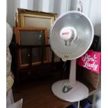 NEWSPAPER RACK WITH SELECTION OF PICTURES AND GOLD AIR FAN.