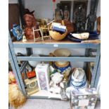 BRASS TODDY KETTLE, HARDWOOD BUSTS, BLUE ART GLASS BOWL,