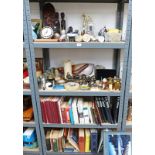 FOUR SHELVES TO INCLUDE ROYAL DOULTON CAPT AHAB, CHARACTER JUG, HARDWOOD TRIBAL FIGURES, HIP FLASKS,