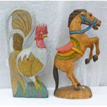 TWO WOODEN FIGURES DEPICTING A HORSE AND COCKEREL - 52CM