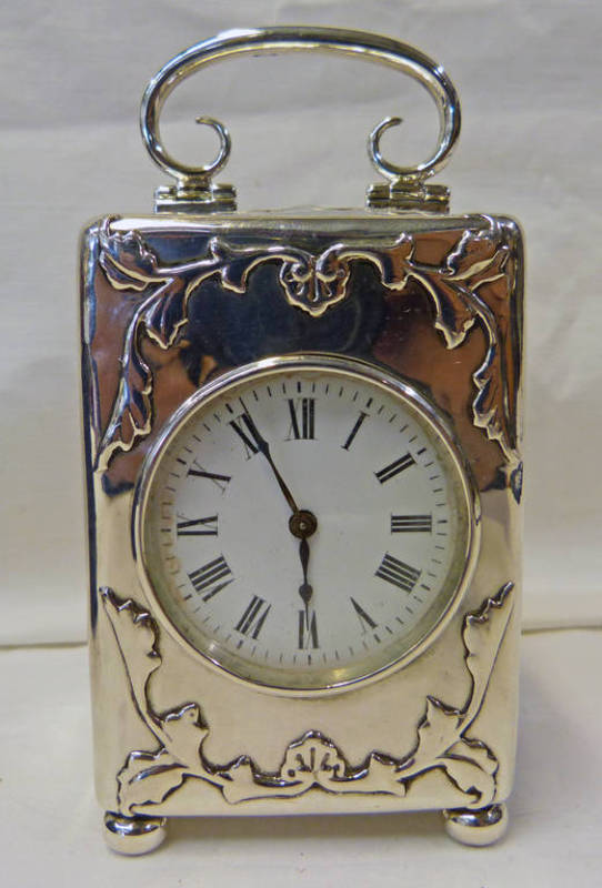 SILVER MANTLE CLOCK WITH CHERUB DECORATION LONDON 1904 Condition Report: Currently