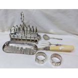 TOASTRACK, 2 NAPKIN RINGS, PICKLE FORK,