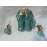 CHINESE GREEN JADE ELEPHANT & PAIR OF EARRINGS