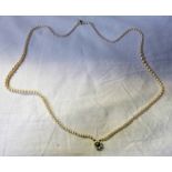 DOUBLE ROW NECKLACE OF GRADUATED CULTURED PEARLS TO A PEARL & TURQUOISE SET CLASP MARKED 9CT WITH