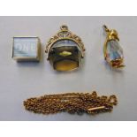 9CT GOLD SWIVEL FOB 9CT GOLD ONE POUND NOTE CHARM & 9CT GOLD PENGUIN FOB & CHAIN