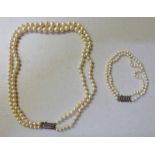 CULTURED PEARL NECKLACE & BRACELET SUITE TO MATCHING MARCASITE SET CLASPS MARKED 925 NECKLACE 43