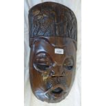 AFRICAN LARGE HARDWOOD MASK WITH CARVED FIGURES ABOVE THE FOREHEAD 49CM