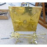 BRASS FIRE GUARD AND BRASS FIRE DOGS WITH BRASS TONGS ETC