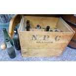 13 LATE 19TH EARLY 20TH CENTURY EMPTY PORT & WINE BOTTLES IN WOODEN CRATE