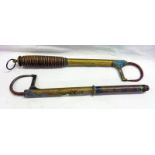 PAIR OF BRASS GAFFS ONE WITH RIBBED WOODEN HANDLE,