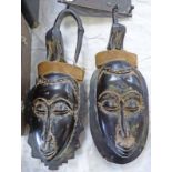 WEST AFRICAN MALE AND FEMALE MASK, EACH MOUNTED WITH BIRD 46CM, 45.