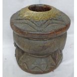 CENTRAL AFRICAN CARVED HARDWOOD CEREMONIAL URN WITH BRASS RIM AND TIN BASE.