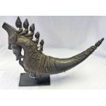 PACIFIC RIM PUPUK CARVED MYTHICAL BEAST MOUNTED WITH 6 FIGURES AND A CROCODILE, 27CM TALL,