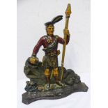 PAINTED CAST IRON DOOR STOP IN THE FORM OF A SCOTTISH SOLDIER WEARING KILT HOLDING SPEAR 39CM TALL