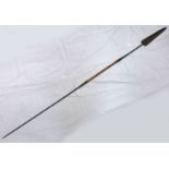 AFRICAN SPEAR WITH WOODEN SHAFT, LEAF SHAPED IRON BLADE AND BUTT,