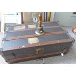 METAL AND WOOD BOUND LUGGAGE TRUNK WITH LOCK MARKED EAGLE LOCK TO USA AND A BRASS SCHOOL BELL -2-