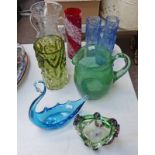 SELECTION OF STUDIO COLOURED GLASS VASES.